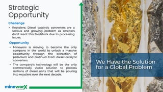 Strategic
Opportunity
Challenge
• Recyclers: Diesel catalytic converters are a
serious and growing problem as smelters
don’t want this feedstock due to processing
issues.
We Have the Solution
for a Global Problem
Opportunity
• Mineworx is moving to become the only
company in the world to unlock a massive
opportunity through the extraction of
palladium and platinum from diesel catalytic
converters.
• The company’s technology will be the only
commercially viable solution to process
millions of diesel units that will be pouring
into recyclers over the next decade.
3
 