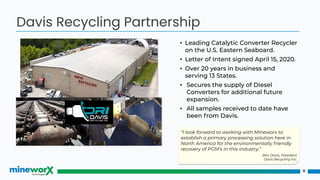 • Leading Catalytic Converter Recycler
on the U.S. Eastern Seaboard.
• Letter of Intent signed April 15, 2020.
• Over 20 years in business and
serving 13 States.
• Secures the supply of Diesel
Converters for additional future
expansion.
• All samples received to date have
been from Davis.
8
Davis Recycling Partnership
“I look forward to working with Mineworx to
establish a primary processing solution here in
North America for the environmentally friendly
recovery of PGM’s in this industry.”
Ben Davis, President
Davis Recycling Inc.
 