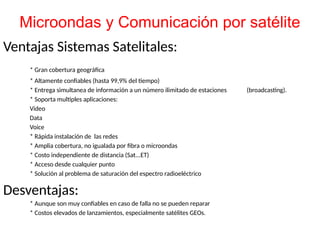 Ventajas Sistemas Satelitales:
* Gran cobertura geográfica
* Altamente confiables (hasta 99,9% del tiempo)
* Entrega simultanea de información a un número ilimitado de estaciones (broadcasting).
* Soporta multiples aplicaciones:
Video
Data
Voice
* Rápida instalación de las redes
* Amplia cobertura, no igualada por fibra o microondas
* Costo independiente de distancia (Sat...ET)
* Acceso desde cualquier punto
* Solución al problema de saturación del espectro radioeléctrico
Desventajas:
* Aunque son muy confiables en caso de falla no se pueden reparar
* Costos elevados de lanzamientos, especialmente satélites GEOs.
Microondas y Comunicación por satélite
 