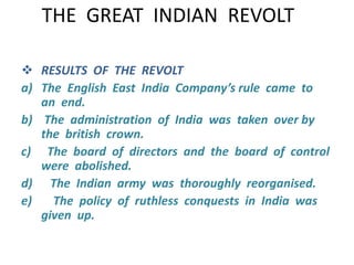 THE GREAT INDIAN REVOLT 
 RESULTS OF THE REVOLT 
a) The English East India Company’s rule came to 
an end. 
b) The administration of India was taken over by 
the british crown. 
c) The board of directors and the board of control 
were abolished. 
d) The Indian army was thoroughly reorganised. 
e) The policy of ruthless conquests in India was 
given up. 
 