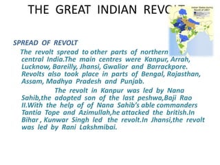 THE GREAT INDIAN REVOLT 
SPREAD OF REVOLT 
The revolt spread to other parts of northern and 
central India.The main centres were Kanpur, Arrah, 
Lucknow, Bareilly, Jhansi, Gwalior and Barrackpore. 
Revolts also took place in parts of Bengal, Rajasthan, 
Assam, Madhya Pradesh and Punjab. 
The revolt in Kanpur was led by Nana 
Sahib,the adopted son of the last peshwa,Baji Rao 
II.With the help of of Nana Sahib’s able commanders 
Tantia Tope and Azimullah,he attacked the british.In 
Bihar , Kunwar Singh led the revolt.In Jhansi,the revolt 
was led by Rani Lakshmibai. 
 