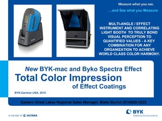 New  BYK-mac and Byko Spectra Effect Total Color Impression   of Effect Coatings BYK-Gardner USA, 2010 … and See what you Measure MULTI-ANGLE / EFFECT INSTRUMENT AND CORRELATING LIGHT BOOTH  TO TRULY BOND VISUAL PERCEPTION TO QUANTIFIED VALUES - A KEY  COMBINATION FOR ANY ORGANIZATION TO ACHIEVE WORLD CLASS COLOR HARMONY. Eastern Great Lakes Regional Sales Manager, Blake Burich (614)620-2222 