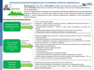 СИНТЕЛЛЕКТУАЛЬНЫЙ КРАУДСОРСИНГ НА ПРИМЕРЕ ПРОЕКТА «СБЕРБАНК 21»
Период проекта: осень 2011 г. Цель проекта: собрать мнения внешних людей, как улучшить работу
банка. Участники: более 120 тыс. человек из 78 стран мира. Из них 15 тыс. человек действительно
что-то предложили.
В проекте задействованы основные типы мотивации: креативная, профессиональная, материальная,
карьерная, известность. Есть множество призов и наград: от iPad и грантов до завтрака с Германом
Грефом и личное представление своих решений руководству Сбербанка, элите российского и
мирового бизнеса.
Инструменты реализации проекта
Площадка
WikiVote
Сайт банка
Социальная сеть
«Профессионалы.
ру»
Сайт witology
Применение
инновационной
технологии отбора
мнений
•Представление докладов (необходимо вначале пройти тест)
•Участники могли предлагать свои версии, голосовать за понравившиеся статьи.
•Кол-во участников 1500 человек (как правило, люди, имеющие профессиональные
знания в банковском деле).
• 15 тыс. активных участников
• Аналогия с книгой жалоб от клиентов: решения, набравшие большинство голосов, не
отличаются глубиной и оригинальностью:
маршрутизация платежей — клиент на сайте может отслеживать, где сейчас его
деньги;
предложение выдавать карточку «Сбера» 14-летним вместе с паспортом;
инициатива поставить в отделениях автоматы по продаже кофе.
• Для более эффективного результата введены условия участия в проекте и поставлена
конкретная задача:
 проведение входного теста (справились 500 человек из 5 тыс. желающих);
 задание: разработать концепцию отделения будущего для малого бизнеса в онлайне,
для частных клиентов — в онлайне и в офлайне;
• Этапы проекта (на каждом этапе участник мог увеличить свой вес, если его предложение
одобрено другими участниками):
1. Определить сервисы и функции офиса
2. Определить список задач
3. Поиск решений
4. Выставление предложенных решений на биржу
5. Оценка рисков решений, выигравших на бирже, выбор лучшего решения
• Из 500 человек, прошедших отбор, активными оказались 150, продуктивными — 50, а в
конце 15 человек составили уже мощную дружную команду
Высокий уровень
компетентности
Невысокий уровень
компетентности
Достаточный
уровень
компетентности
10
 