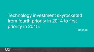 Technology investment skyrocketed
from fourth priority in 2014 to first
priority in 2015.
- Temenos
 