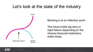 Let’s look at the state of the industry
Banking is at an inflection point.
The future holds big wins or
rapid failure depending on the
choices financial institutions
make today.
 