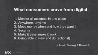 1. Monitor all accounts in one place
2. Anywhere, anytime
3. Move money when and how they want it
4. Security
5. Make it easy, make it work
6. Being able to view and do (action it)
What consumers crave from digital
- Javelin Strategy & Research
 