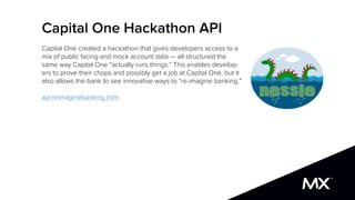 Capital One Hackathon API
Capital One created a hackathon that gives developers access to a
mix of public facing and mock ...