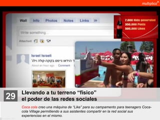 Llevando a tu terreno “físico”
    29              el poder de las redes sociales
                    Coca cola creo una máquina de “Like” para su campamento para teenagers Coca-
                    cola Village permitiendo a sus asistentes compartir en la red social sus
                    experiencias en el mismo.
© multiplica 2011
 