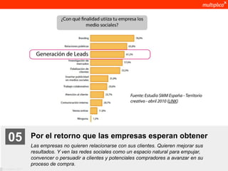 05              Por el retorno que las empresas esperan obtener
                    Las empresas no quieren relacionarse con sus clientes. Quieren mejorar sus
                    resultados. Y ven las redes sociales como un espacio natural para empujar,
                    convencer o persuadir a clientes y potenciales compradores a avanzar en su
                    proceso de compra.
© multiplica 2011
 