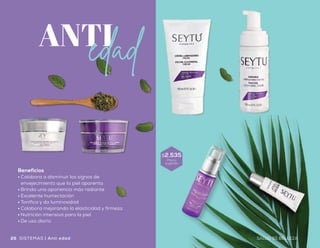 Beneficios
•	Colabora a disminuir los signos de
envejecimiento que la piel aparenta
•	Brinda una apariencia más radiante
•	Excelente humectación
•	Tonifica y da luminosidad
•	Colabora mejorando la elasticidad y firmeza
•	Nutrición intensiva para la piel
•	De uso diario
•	Aplicar en rostro húmedo dando
suave masaje en forma circular
durante algunos segundos y retirar
perfectamente con abundante agua
•	Se recomienda utilizar diario por la
mañana y por la noche
Espuma
Limpiadora
Facial1 •	Aplicar en área del contorno
de los ojos limpia y seca
•	Se recomienda utilizar por
la mañana y por la noche
Crema de Cuidado
Intensivo para
Contorno de Ojos2
•	Aplicar en rostro limpio y seco
dando suave masaje hasta
su completa absorción
•	Se recomienda utilizar por
la mañana
Crema Nutritiva
de Día para Pieles
Maduras4
•	Aplicar en rostro limpio y seco
dando suave masaje hasta su
completa absorción
•	Se recomienda utilizar por
la mañana y por la noche
Suero
Concentrado
Revitalizante3
•	Aplicar en rostro limpio y seco dando suave
masaje hasta su completa absorción
•	Se recomienda utilizar por la noche
Crema Nutritiva de
Noche para Pieles
Maduras5
También puedes utilizar la Crema Limpiadora
como una opción a la Espuma Limpiadora,
siguiendo las mismas instrucciones
$2,535
Precio
sugerido
27SALUD ES BELLEZA26 SALUD ES BELLEZASISTEMAS | Anti edad Anti edad | SISTEMAS
 