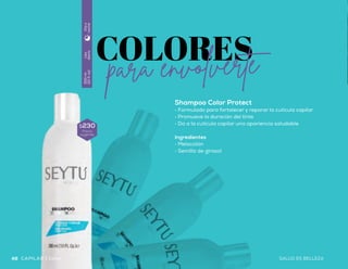 Tinte Semi-Permanente sin Amoniaco
•	Formulado 100% libre de amoniaco
•	Acondiciona, hidrata y da flexibilidad
•	Brinda una cobertura natural sin dañar las fibras capilares
Ingredientes
•	Queratina hidrolizada
•	Aceite de maíz
•	Flor de loto
60ml
(3fl.oz)
Díay
noche
Uso
diario
300ml
(10fl.oz)
Díay
noche
Shampoo Color Protect
•	Formulado para fortalecer y reparar la cutícula capilar
•	Promueve la duración del tinte
•	Da a la cutícula capilar una apariencia saludable
Ingredientes
•	Melocotón
•	Semilla de girasol
$230
Precio
sugerido
$220
Precio
sugerido
SALUD ES BELLEZA SALUD ES BELLEZA Color | CAPILARCAPILAR | Color
8/00
Rubio
Claro
6/7
Moka
6/00
Rubio
Oscuro
5/00
Castaño
Claro
1/00
Negro
Natural
3/00
Castaño
Oscuro
6/66
Rojo
Intenso
48 4948
 