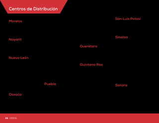 Centros de Distribución
Morelos
Cuernavaca
Tel. (01 777) 100 0198 / 315 7319
Av. Plan de Ayala # 1005
Col. Vicente Guerrero, CP 62430
cuernavaca@omnilife.com
Nayarit
Tepic
Tel. (01 311) 210 0271 / 210 0272
Blvd. Luis Donaldo Colosio #114
Col. Ciudad Industria, CP 63173
tepic@omnilife.com
Nuevo León
Constitución Monterrey
(Obispado)
Tel. (01 81) 8345 9564 / 8345 0926
Av. Constitución Pte. #1467,
Col. Obispado, CP 64070
monterrey@omnilife.com
Guadalupe
Tel. (01 81) 2459 0415 /
2459 0416 / 2459 0617
Av. Benito Juárez #735,
Col. Centro, CP 67100
guadalupe@omnilife.com
Oaxaca
Huajuapan de León
Tel. (01 953) 530 5699 / 530 5700
Calle 2 de Abril #66, Col. Tepeyac,
CP 69000
huajuapan@omnilife.com
Oaxaca
Tel. (01 951) 513 8459 / 513 5202
Av. Independencia 1501-C,
Col. Centro, CP 68000,
oaxaca@omnilife.com
Puerto Escondido
Tel: (951) 513-8459 / (951) 513-5202
Calle Alfonso Perez Gasga # 114
(Conocida como el Adoquín)
Local 15 y 16 Plaza Azul, Marinero, CP 71980,
Puerto Escondido
puertoescondido@omnilife.com
Salina Cruz
Tel. (01 971) 720 3094 /
720 3086 / 720 3090
Manuel Ávila Camacho #713, planta baja, Col.
Barrio Espinal, CP 70650
salinacruz@omnilife.com
Tuxtepec
Tel. (01 287) 875 3179 / 875 3675
Calle 4, lote 16 y 17, manzana 7,
Fracc. Costa Verde, CP 68370
tuxtepec@omnilife.com
Puebla
Izúcar de Matamoros
Tel. (01 243) 436 7906 /
436 7905 / 436 7910, Av. Oaxaca #30
Barrio San Juan Piaxtla, CP 74460
izucar@omnilife.com
Puebla Norte
Tel. (01 222) 195 3604 /
195 3605 / 195 3606
Eufemio Zapata #1, loc. 1 y 2,
Centro Comercial Dorada Capu,
Col. Santa María la Rivera, CP 72010
pueblanorte@omnilife.com
Puebla Sur
Tel. (01 222) 240 4590
Av. 19 Sur #3519,
Col. La Noria, CP 72410
pueblasur@omnilife.com
Tehuacán
Tel. (01 238) 372 0282
Av. Independencia Oriente #1121,
Col. Independencia, CP 75780,
tehuacan@omnilife.com
Querétaro
Querétaro
Tel. (01 442) 212 0754 / 212 0864 / 212 0736
Av. Universidad Oriente #90-9,
Col. Centro, CP 76000
queretaro@omnilife.com
Quintana Roo
Cancún
Tel. (01 998) 887 0738 / 887 0756
Av. Tankah #83, manzana 5, SM 24,
Col. Centro, CP 77509
cancun@omnilife.com
Chetumal
Tel. (01 983) 285 3993 /
285 3994 / 285 3995
Av. Andrés Quintana Roo #388,
Col. Italia, CP 77035,
Municipio Othón P. Blanco
chetumal@omnilife.com
Playa del Carmen
Tel. (01 984) 803 9874 / 803 9871 / 803 9875
Av. 115 Norte, esq. Calle 4 y Límite de
Expropiación, manzana 1 Lote 1
Local comercial 02 Bodega D,
Col. Ejidal, CP 77712
playadelcarmen@omnilife.com
San Luis Potosí
San Luis Potosí
Tel. (01 444) 812 6213 / 812 4220
Pedro Moreno #718,
Barrio de Santiago, CP 78049
sanluispotosi@omnilife.com
Sinaloa
Culiacán
Tel. (01 667) 713 7221 / 713 2043
Av. Nicolás Bravo #750 Sur,
Col. Jorge Almada,
esq. Blvd. E. Zapata, CP 80200
culiacan@omnilife.com
Los Mochis
Tel. (01 668) 817 0242 / 817 0232
Venustiano Carranza #280 Pte,
Col. Centro, CP 81200
losmochis@omnilife.com
Mazatlán
Tel. (01 669) 982 1966
Cruz Lizárraga #700 int. 3 y 4
Col. Palos Prietos, CP 82010
mazatlan@omnilife.com
Sonora
Hermosillo
Tel. (01 662) 217 2834 /
217 3303 / 217 3492
Blvd. Navarrete #68
Planta Baja, local 2
Fracc. Valle Escondido, CP 83200
hermosillo@omnilife.com
Tabasco
Comalcalco
Tel. (01 933) 334 5820 / 334 5858
Rayón #528, Col. Vicente Guerrero,
CP 86300,
comalcalco@omnilife.com
Tenosique
Tel. (01 934) 342 4448 / 342 4449
Calle 28 #1014,
Col. Centro, CP 86900
tenosique@omnilife.com
Villahermosa
Tels. (01 993) 353 5828 / 353 5830
Av. Ruiz Cortinez #457, locales 1 y 2, edificio C,
Col. Centro, CP 86000
villahermosa@omnilife.com
Tamaulipas
Ciudad Victoria
Tel. (01 834) 110 2735 / 110 2736
Emiliano P. Nafarrete #1013 (Calle 14), Col. San
Francisco, CP 87050
cdvictoria@omnilife.com
Matamoros
Tel. (01 868) 814 3721 / 814 3733 / 814 3750
Av. Lauro Villar #1132,
Col. Treviño Zapata, CP 87450
matamoros@omnilife.com
Nuevo Laredo
Tel. (01 867) 719 5380 / 719 9024
(01 867) 719 9067 Av. Reforma 5601, Local 25.
Centro Comercial “Paseo Reforma”,
Fracc. Las Alamedas, CP 88275,
nuevolaredo@omnilife.com
Reynosa
Tel:(867) 719-9024 / (867) 719-9067
Blvd. Tiburcio Garza Zamora #505,
Col. Rodríguez, CP 88630
reynosa@omnilife.com
Tampico
Boulevard Adolfo Lopez Mateos #301 Sur,
Entre Haiti y Ejercito Mexicano, Col. Ricardo
Flores Magon, Cd. Madero, Tamaulipas,
CP 89460, Locales D-4 y D5,
Entre “Compu Games” y “Game Planet”
tampico@omnilife.com
Veracruz
Acayucan
Tel:(924) 24747-94 / (924) 24747-95
Plaza La Florida Local D04 Carretera
Coatzacoalcos-Salina Cruz Km. 62+480
Colonia San José C.P. 96070. (Oluta) Acayucan.
Veracruz. acayucan@omnilife.com
Coatzacoalcos
Tel. (01 921) 214 3993 /
214 5197 / 214 4261
Av. Constitución #202,
Col. Benito Juárez Norte,
CP 96576
coatzacoalcos@omnilife.com
Córdoba
Tel:(271)7148-662 / (271)7142-049
Av. 11 #2410 entre las Calles 24 y 26,
Col. Del Maestro C.P. 94550 Cordoba, Veracruz
cordoba@omnilife.com
Martínez de la Torre
Tel:(232)3734-878 / (232)3734-879
Blvd. Luis Donaldo Colosio #306,
Col. El Mirador, CP 93607,
martinezdelatorre@omnilife.com
Poza Rica
Tel. (01 782) 825 5342 / 825 5343, Calle Sor
Juana Inés de la Cruz s/n, Col. Tepeyac,CP
93250, Poza Rica de Hidalgo
pozarica@omnilife.com
San Andrés Tuxtla
Tel. (01 294) 942 6529 / 942 6530
Niños Héroes #762, casi esq.
con carretera libre San
Andrés - Catemaco,
Col. Centro, CP 95700,
sanandres@omnilife.com
Veracruz
Tel. (01 229) 178 4035 / 178 4087
Av. Cuauhtémoc #3908,
Zona Centro, CP 91700
veracruz@omnilife.com
Xalapa
Tel. (01 228) 890 6135 /
890 6566 / 890 6658
María Enriqueta Camarillo #26,
Col. Rafael Lucio, CP 91110
xalapa@omnilife.com
Yucatán
Mérida
Tel. (01 999) 925 4966 / 925 4973
Calle 23 #179,
Col. García Gineres, CP 97070,
merida@omnilife.com
Zacatecas
Zacatecas
Tel. (01 492) 927 9698 /
927 9699 / 927 9587
Av. Lateral García Salinas #206, Planta Baja,
Col. Médicos
Veterinarios, CP 98098
zacatecas@omnilife.com
66 67CEDIS CEDIS
 