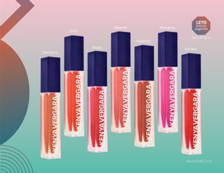 BENEFICIOS
•Alta pigmentación
• Resistente al agua
• Larga duración
•Alto podercubriente
• Secado rápido
•Acabado mate
•Textura cremosa
•Aroma delicioso
• Fórmula enriquecida con vitamina E
y aceite de argán
La colección de labiales mate KV. ofrece siete diferentes tonos que destacan
porsus colores intensos de alta pigmentación, que brindan una aplicación
precisa y cobertura completa gracias a su fórmula con ingredientes de origen
natural ideales para la humectación de los labios
Sahara
Atacama
Kalahari
Samburu
Gobi
Masai
Nairobi
$270
precio
sugerido
6g (o.21 Oz.) e
LABIALES
LÍQUIDOS
MATE
SALUD ES BELLEZA
 