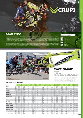 WILLIAM PARKER
JACK BAKKEN
◦カラー：ブラック、その他カラー　◦サイズ：下記参照　◦ホイール：20  24
◦フレーム：6061 T-6 Aluminum, 100% hand crafted in the United States　
高品質のシームレス6061T6アルミチュービングを使用した本格BMX
レーサー。BMXレースブランドとしての長年のノウハウを注ぎ込み、軽量
ながら剛性の高いレースフレームに仕上がっています。キッズから体の大
きな人まであらゆるサイズのライダーに対応できるよう各フレームのジオメト
リーをデザインし、全15モデルものラインアップを用意しております。
¥84,000（税抜）
レースフレーム
RACE FRAME
M L L A A L
P C
BB
C
M
C
M W
R
Micro
inch 16. 5 1 .25
0
1 Int
0
1 10.5 11.5 1
1,04 g 12 cm 下
mm 425.5 4 .2 25.4 1 . 22.2 25.4 266. 2 2.1 0.2
Mini
inch 1 1 .5
2
1 Int
6
.25 1 11 12.5 14
g 12 -1 4cm
mm 45 .2 46 . 25.4 20 .6 22.2 25.4 2 .4 1 .5 55.6
Junior
inch 1 . 5 1
2
1 Int
6
.25 1 11 12.5 14
5 g 12 -1 4cm
mm 4 6. 4 2.6 25.4 20 .6 22.2 25.4 2 .4 1 .5 55.6
Expert
inch 1 .5 1 . 5
2
1 Int
6
.25 1 11 12.5 14
5 g 140-155cm
mm 4 5. 501. 25.4 20 .6 22.2 25.4 2 .4 1 .5 55.6
Expert XL
inch 20 20.5 1-1 Int
6
.5 1 11 1 14.5
5g 155-165cm
mm 50 .0 520. 2 .6 241. 22.2 25.4 2 .4 0.2 6 .
Expert XXL
inch 20 21.125
4
1-1 Int
1
.5 1 11.6 1 14.5
1, 65g 160cm 上
mm 50 .0 5 6.6 2 .6 241. 22.2 25.4 2 4.6 0.2 6 .
Pro
inch 20. 5 21.5
4
1-1 Int
1
.5 1-1 4 11.6 1 . 5 15.25
1,5 g 160-1 0cm
mm 52 .1 546.1 2 .6 241. 26. 1. 2 4.6 4 . .4
Pro XL
inch 21. 5 22.50
4
1-1 Int
1
.5 1-1 4 11.6 1 . 5 15.25
1,5 g 165-1 cm
mm 552.5 5 1.5 2 .6 241. 26. 1. 2 4.6 4 . .4
Pro XXL
inch 22. 5 22. 5
4
1-1 Int
1
.5 1-1 4 11.6 14.25 15. 5
1,415g 1 cm 上
mm 5 . 5 . 2 .6 241. 26. 1. 2 4.6 62.0 400.1
Mini Cruiser
inch 1 1 .5
4
1 Int
1
. 5 1 10. 5 14 15.5
5 g 12 -1 4cm
mm 4 1. 4 5. 25.4 225.4 22.2 25.4 2 .1 55.6 .
Junior Cruiser
inch 1 .5 21
2.5
1 Int
1
. 5 1 11 14.5 16
5 g 1 4-140cm
mm 46 . 5 .4 25.4 225.4 22.2 25.4 2 .4 6 . 406.4
Expert Cruiser
inch 1 .625 21.25
2.5
1 Int
1
. 5 1 11.5 14.5 16
62g 140-155cm
mm 4 .5 5 . 25.4 225.4 22.2 25.4 2 2.1 6 . 406.4
Expert XL Cruiser
inch 20.625 22.25
2.5
1-1 Int .5 1 11.5 14.5 16
1, 61g 155-165cm
mm 52 . 565.2 2 .6 241. 22.2 25.4 2 2.1 6 . 406.4
Pro Cruiser
inch 21 21.5
4
1-1 Int
1
11 1-1 4 12 15 16.5
1,415g 16 -1 cm
mm 5 .4 546.1 2 .6 2 .4 26. 1. 04. 1.0 41 .1
Pro XL Cruiser
inch 22.5 2
4
1-1 Int
1
11 1-1 4 12 15 16.5
1,420g 1 cm 上
mm 5 1.5 5 4.2 2 .6 2 .4 26. 1. 04. 1.0 41 .1
FRAME GEOMETRY
152
CRUPI
Crupi(クルッピ）は1982年にカリフォルニア州で創設された。80年代前半の創業当初、Crupiはちびっ子BMXライダーのための数点の高級パーツに集中し
た。当時ほとんどのメーカーがこの分野を顧みずに大きなライダーのための高級品しか作っていなかったからだ。Crupiは80-90年代を通して、BMX業界にとっ
て最高級のパーツのみを作り続けた。「ベストの物だけを！」が創業時の方針だったが、それは今日も全く変わらない。1997年、CrupiはGreg Swingrover（グ
レッグ・スウィングローバー）を新しい成長と展開のために迎え入れた。元ライダーの彼はBMXの世界で豊かな経験を積み重ねてきた。彼はSM社のSであり
創業者の一人であった。又、GT社でGTの高級パーツの開発に10年専念し、GTの高級パーツ分野に多大な貢献をした。Gregは97年のCrupi入社以来、新製
品の開発とともに、世界のトップBMXレーサーをスポンサーしてきた。その結果Crupiチームは2004/2005連続でUCIの#1チームに選ばれ、４人の世界チャ
ンピオンを誕生させた。BMXレースシーンには不可欠のブランドとして30年以上の歴史を誇るCrupiの自信は揺るぎないものとなっています。2006年に
Crupi社のオーナーとなったGregは言う：「品質、耐久性、信頼性。。。Crupiはこれからも世界最高のBMXパーツだけをを作り続けます。」
crupibmx.com
@CrupiParts
twitter
Crupi Parts Inc.
facebook
@crupi_bmx
Instagram
 