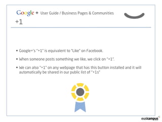 Google + User Guide / Business Pages & Communities 
+1 
• Google+’s “+1” is equivalent to “Like” on Facebook. 
• When someone posts something we like, we click on “+1”. 
• We can also “+1” on any webpage that has this button installed and it will 
automatically be shared in our public list of “+1s” 
 
