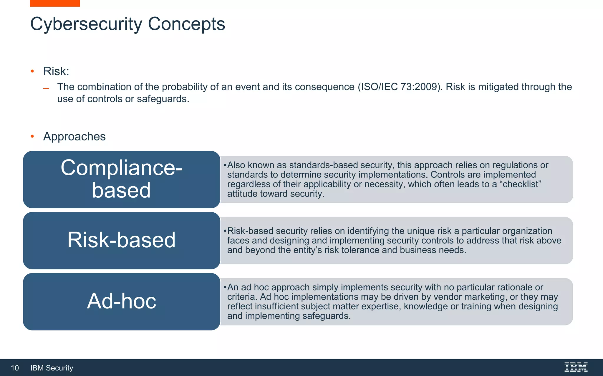 10 IBM Security
Cybersecurity Concepts
• Risk:
̶ The combination of the probability of an event and its consequence (ISO/IEC 73:2009). Risk is mitigated through the
use of controls or safeguards.
• Approaches
•Also known as standards-based security, this approach relies on regulations or
standards to determine security implementations. Controls are implemented
regardless of their applicability or necessity, which often leads to a “checklist”
attitude toward security.
Compliance-
based
•Risk-based security relies on identifying the unique risk a particular organization
faces and designing and implementing security controls to address that risk above
and beyond the entity’s risk tolerance and business needs.
Risk-based
•An ad hoc approach simply implements security with no particular rationale or
criteria. Ad hoc implementations may be driven by vendor marketing, or they may
reflect insufficient subject matter expertise, knowledge or training when designing
and implementing safeguards.
Ad-hoc
 