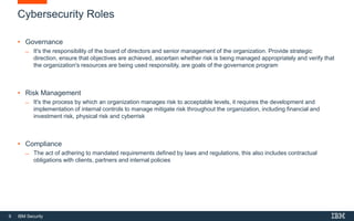 9 IBM Security
Cybersecurity Roles
• Governance
̶ It's the responsibility of the board of directors and senior management of the organization. Provide strategic
direction, ensure that objectives are achieved, ascertain whether risk is being managed appropriately and verify that
the organization's resources are being used responsibly, are goals of the governance program
• Risk Management
̶ It's the process by which an organization manages risk to acceptable levels, it requires the development and
implementation of internal controls to manage mitigate risk throughout the organization, including financial and
investment risk, physical risk and cyberrisk
• Compliance
̶ The act of adhering to mandated requirements defined by laws and regulations, this also includes contractual
obligations with clients, partners and internal policies
 