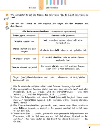 1Lektion Lebensweise
21
	 Wie antwortet ihr auf die Fragen des Interviews (Üb. 3)? Spielt Interviews zu
zweit.
	 Sieh dir die Tabelle an und ergänze die Regel mit den Wörtern aus
dem Kasten.
Die Pronominaladverbien (займенникові прислівники)
interrogativ (питальні) demonstrativ (вказівні)
Wovon sprecht ihr?
Wir sprechen davon, dass bald eine
Testarbeit ist.
Wofür dankst du dem
Jungen?
Ich danke ihm dafür, dass er mir geholfen hat.
Worüber erzählt Tim?
Er erzählt darüber, wie er seine Ferien
verbracht hat.
Woran denkst du jetzt?
Ich denke daran, dass ich meinem Freund
noch eine E-Mail schreiben soll.
Dinge (речі)/da/dafür/Menschen oder Lebewesen (істоти)/wofür/
demonstrative/r
1)	Die Pronominaladverbien haben zwei Formen: interrogative und…
2)	Die interrogativen Formen bildet man aus dem Adverb „wo” und der
Präposition, z. B. ..., wovon, und die demonstrativen — aus dem
Adverb „…” und der Präposition, z. B. ..., davоn.
3)	Wenn die Präposition mit einem Vokal (голосний) beginnt, dann muss
man „…” hinzufügen (додати), z. B. worüber, worin, worauf; darüber,
darin, darauf.
4)	Die Pronominaladverbien gebraucht man, wenn man über abstrakte
oder leblose (неживі) … spricht, z. B.: Worauf wartest du? — Ich war-
te auf den Bus.
5)	Wenn man über … spricht, gebraucht man passende Präpositionen mit
Pronomen, z. B. — Auf wen wartest du? Auf deinen Bruder? — Ja,
auf ihn./— Für wen kaufst du das Buch? Für deine Schwester? — Ja,
für sie.
 