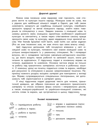 5
	 — індивідуальна робота;
	 — робота в парах;
	 — робота в групах;
	 — читання;
	 — вправи з аудіювання (запис
		 здійснено носіями мови);
	 — письмо;
	 — гра;
	 — домашнє завдання.
Дорогий друже!
Кожна нова іноземна мова відкриває нові горизонти, нові сто-
рони життя та культури іншого народу. Німецька мова як мова, яка
є рідною для найбільшої кількості людей в Європі, дає тобі також
можливість зазирнути до скарбниць німецької культури, спробувати
зрозуміти традиції та звичаї німецького народу, знайти нових това-
ришів та спілкуватися з ними. Завдяки знанням з німецької мови ти
можеш донести своїм німецьким одноліткам особливості української
культури та менталітету, а також через співставлення самому краще
зрозуміти свою мову та культуру, адже недаремно існує крилатий ви-
слів: Wer fremde Sprachen nicht kennt, weiß nichts von seiner eigenen
(Хто не знає іноземних мов, не знає нічого про свою власну мову).
Цей підручник допоможе тобі почуватися впевнено у світі ні-
мецької мови та культури, поповнити свої знання німецької мови та
успішно використовувати їх у реальному спілкуванні. Як і попередні
випуски, він є складовою частиною навчально-методичного комплек-
су, до якого входять також робочий та заліковий зошит, книга для
читання та аудіозаписи. У підручнику подані в основному вправи на
читання, аудіювання та мовлення. Основна частина вправ на письмо
та роботу над граматичним матеріалом міститься в робочому зоши-
ті. У кожному уроці на початку подаються слова та вирази, необхідні
для розуміння та спілкування в рамках запропонованої тематики. На-
прикінці кожного розділу вміщено матеріал для повторення у вигляді
гри. Вправи супроводжуються спеціальними піктограмами, які допо-
можуть тобі зорієнтуватися в матеріалі уроку.
У кінці підручника подані додаткові тексти для читання, грама-
тичний довідник, де зібрано пояснення до вивченого граматичного
матеріалу та список основних форм сильних і неправильних дієслів,
а також німецько-український та українсько-німецький словники, які
містять слова та вирази, що зустрічаються в цьому підручнику.
Автор
Умовні позначення:
 