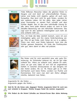 Lektion
53
Das Schulleben2
Phoenix
Antworten: 37
Bewertung: 9
Userprofil
13.04.2010
19.10
Viele Millionen Menschen haben die gleichen Noten im
Zeugnis und sind doch auf unterschiedlichen Niveaus.
Lehrer sind leider nicht objektiv, gehen oft auch nach
Sympathie. Man lernt nicht für gute Noten, sondern für
sein späteres Leben. Ich bin dafür, dass jeder Lehrer
einen Kommentar zu seinem Fach schreibt und dem
Schüler abgibt. Das ist das eine individuelle Lösung für
alle, denn wenn jeder Mensch anders ist, kann er nicht
dieselbe Bewertung wie sein Mitschüler bekommen. Das
sagt auch für den späteren Arbeitsgeber auch mehr als
eine einfache Zahl aus.
Pocha
Antworten: 5
Bewertung: 3
Userprofil
14.04.2010
10.09
Nun, ich finde die Idee ziemlich komisch, wenn ich zum
Arbeitgeber gehe und ihm meine Smile-Sammlung zei-
ge. Was ich gut finde, mehr Noten als nur 6 zu geben.
Wenn man noch zwei Noten bekommt, kann man die
Schüler genauer bewerten. Ich finde das Punktesystem
sehr gut, denn damit ist alles viel präziser.
Nickmaster
Antworten: 17
Bewertung: 6
Userprofil
14.04.2010
17.33
Die Noten sind für mich persönlich eine sehr gute Ori-
entierung. An Schulnoten erkenne ich, ob ich gut oder
schlecht bin. Wenn sie schlecht sind, arbeite ich mehr,
wenn sie gut sind, habe ich erst mal ein angenehmes
Gefühl. In manchen Schulsystemen ist das übrigens mit
den Noten anders. Bis zur 10. Klasse gibt es im Wal-
dorf-System auch keine Noten, sondern nur Punkte und
Kommentare. Erst wenn man dort sein Abitur ablegen
möchte, bekommt man Noten.
Argumente für die Noten: ...
Argumente gegen die Noten: ...
	 Seid ihr für die Noten oder dagegen? Welche Argumente könnt ihr noch nen-
nen? Arbeitet in Gruppen. Welche Gruppe findet die meisten Argumente?
	 Wie findest du die Noten? Schreibe ans Internet-Forum über deine Meinung.
 