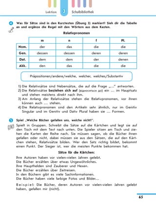 Lektion
65
Schulbibliothek3
	 Was für Sätze sind in den Kurztexten (Übung 3) markiert? Sieh dir die Tabelle
an und ergänze die Regel mit den Wörtern aus dem Kasten.
Relativpronomen
m n f Pl.
Nom. der das die die
Gen. dessen dessen deren deren
Dat. dem dem der denen
Akk. den das die die
Präpositionen/andere/welche, welcher, welches/Substantiv
1)	Die Relativsätze sind Nebensätze, die auf die Frage „…” antworten.
2)	Die Relativsätze beziehen sich auf (відносяться до) ein … im Hauptsatz
und stehen meistens direkt nach ihm.
3)	Am Anfang der Relativsätze stehen die Relativpronomen, vor ihnen
können auch … stehen.
4)	Die Relativpronomen sind den Artikeln sehr ähnlich, nur im Genitiv
Singular und im Genitiv und Dativ Plural haben sie … Formen.
	 Spiel „Welche Bücher gefallen uns, welche nicht?”.
Spielt in Gruppen. Schreibt die Sätze auf die Kärtchen und legt sie auf
den Tisch mit dem Text nach unten. Die Spieler sitzen am Tisch und zie-
hen die Karten der Reihe nach. Sie müssen sagen, ob die Bücher ihnen
gefallen oder nicht, dabei müssen sie aus den Sätzen, die auf den Kärt-
chen stehen, Relativsätze bilden. Wer den Satz richtig bildet, bekommt
einen Punkt. Der Sieger ist, wer die meisten Punkte bekommen hat.
Sätze für die Kärtchen:
Ihre Autoren haben vor vielen-vielen Jahren gelebt.
Die Bücher erzählen über etwas Ungewöhnliches.
Ihre Haupthelden sind Zauberer und Hexen.
Die Bücher erzählen über Zeitreisen.
In den Büchern gibt es viele Sachinformationen.
Die Bücher haben viele farbige Fotos und Bilder…
B e i s p i e l: Die Bücher, deren Autoren vor vielen-vielen Jahren gelebt
haben, gefallen mir (nicht).
 