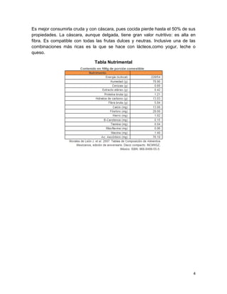 Es mejor consumirla cruda y con cáscara, pues cocida pierde hasta el 50% de sus
propiedades. La cáscara, aunque delgada, tiene gran valor nutritivo: es alta en
fibra. Es compatible con todas las frutas dulces y neutras. Inclusive una de las
combinaciones más ricas es la que se hace con lácteos,como yogur, leche o
queso.

                              Tabla Nutrimental




                                                                               4
 
