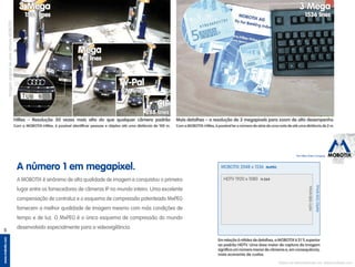 The HiRes Video Company
www.mobotix.com
5
3 Mega
1536 lines
3 Mega
1536 lines
Mega
960 lines
TV-Pal
576 lines
CIF
288 lines
Mais detalhes – a resolução de 3 megapixels para zoom de alto desempenho
Com a MOBOTIX-HiRes, é possível ler o número de série de uma nota de até uma distância de 2 m.
HiRes – Resolução 30 vezes mais alta do que qualquer câmera padrão
Com a MOBOTIX-HiRes, é possível identificar pessoas e objetos até uma distância de 100 m.
ImagemoriginaldeumacâmeraMOBOTIX
Em relação à nitidez de detalhes, a MOBOTIX é 51 % superior
ao padrão HDTV. Uma área maior de captura da imagem
significaumnúmeromenordecâmerase,emconsequência,
mais economia de custos.
Vídeos de demonstração em: www.mobotix.com
A número 1 em megapixel.
A MOBOTIX é sinônimo de alta qualidade de imagem e conquistou o primeiro
lugar entre os fornecedores de câmeras IP no mundo inteiro. Uma excelente
compensação de contraluz e o esquema de compressão patenteado MxPEG
fornecem a melhor qualidade de imagem mesmo com más condições de
tempo e de luz. O MxPEG é o único esquema de compressão do mundo
desenvolvido especialmente para a videovigilância.
MOBOTIX 2048 x 1536 MxPEG
HDTV 1920 x 1080 H.264
MxPEG1536linhas
HDTV1080linhas
 