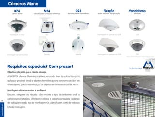 The HiRes Video Company
www.mobotix.com
8
D24
câmera dome
montagem no teto
montagem semiembutida parede
teto
M24
robusta para condições extremas
teto
Q24
discreta por ser hemisférica
parede
montagem na parede da Q24
Fixação
todas as áreas de aplicação
montagem na parede da D24
Q24
Vandalismo
blindada
D24
mais informações em www.mobotix.com
Câmeras Mono
Objetivas do jeito que o cliente desejar.
A MOBOTIX oferece diferentes objetivas para cada área de aplicação e cada
aplicação possível: desde a objetiva hemisférica para panorama de 180° até
a teleobjetiva para a identificação de objetos até uma distância de 100 m.
Montagem de acordo com o ambiente
Discreta, elegante ou robusta: não importa o tipo de ambiente onde a
câmera será instalada, a MOBOTIX oferece a escolha certa para cada tipo
de aplicação e cada tipo de montagem. Os cabos fazem parte de todos os
kits de montagem.
Requisitos especiais? Com prazer!
discreta robusta
 