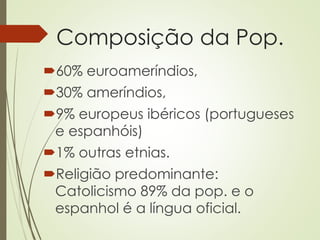 Composição da Pop.
60% euroameríndios,
30% ameríndios,
9% europeus ibéricos (portugueses
e espanhóis)
1% outras etnias.
Religião predominante:
Catolicismo 89% da pop. e o
espanhol é a língua oficial.
 