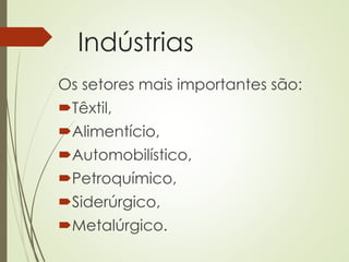 Indústrias
Os setores mais importantes são:
Têxtil,
Alimentício,
Automobilístico,
Petroquímico,
Siderúrgico,
Metalúrgico.
 