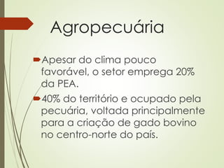 Agropecuária
Apesar do clima pouco
favorável, o setor emprega 20%
da PEA.
40% do território e ocupado pela
pecuária, voltada principalmente
para a criação de gado bovino
no centro-norte do país.
 