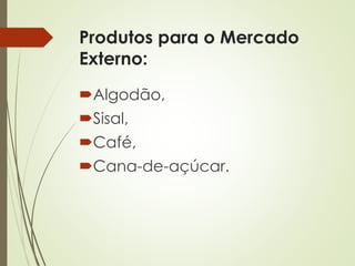 Produtos para o Mercado
Externo:
Algodão,
Sisal,
Café,
Cana-de-açúcar.
 
