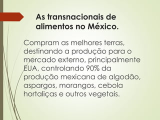 As transnacionais de
alimentos no México.
Compram as melhores terras,
destinando a produção para o
mercado externo, principalmente
EUA, controlando 90% da
produção mexicana de algodão,
aspargos, morangos, cebola
hortaliças e outros vegetais.
 
