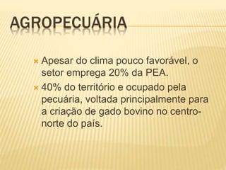 AGROPECUÁRIA
 Apesar do clima pouco favorável, o
setor emprega 20% da PEA.
 40% do território e ocupado pela
pecuária, voltada principalmente para
a criação de gado bovino no centro-
norte do país.
 