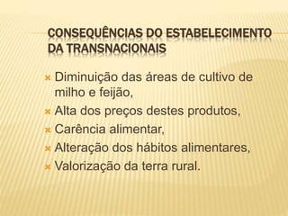 CONSEQUÊNCIAS DO ESTABELECIMENTO
DA TRANSNACIONAIS
 Diminuição das áreas de cultivo de
milho e feijão,
 Alta dos preços destes produtos,
 Carência alimentar,
 Alteração dos hábitos alimentares,
 Valorização da terra rural.
 