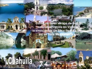 Coahuila Como un buen sarape de Saltillo, como bienvenida en Veracruz, la emoción de un beso frente a frente, así se lleva México en la piel. 