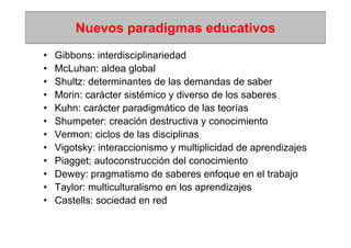 Nuevos paradigmas educativos
•   Gibbons: interdisciplinariedad
•   McLuhan: aldea global
•   Shultz: determinantes de las demandas de saber
•   Morin: carácter sistémico y diverso de los saberes
•   Kuhn: carácter paradigmático de las teorías
•   Shumpeter: creación destructiva y conocimiento
•   Vermon: ciclos de las disciplinas
•   Vigotsky: interaccionismo y multiplicidad de aprendizajes
•   Piagget; autoconstrucción del conocimiento
•   Dewey: pragmatismo de saberes enfoque en el trabajo
•   Taylor: multiculturalismo en los aprendizajes
•   Castells: sociedad en red
 
