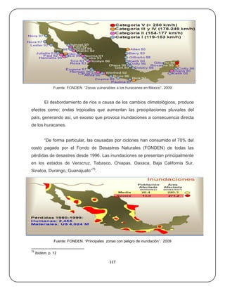 Fuente: FONDEN. ―Zonas vulnerables a los huracanes en México‖. 2009



          El desbordamiento de ríos a causa de los cambios climatológicos, produce
efectos como: ondas tropicales que aumentan las precipitaciones pluviales del
país, generando así, un exceso que provoca inundaciones a consecuencia directa
de los huracanes.


          ―De forma particular, las causadas por ciclones han consumido el 70% del
costo pagado por el Fondo de Desastres Naturales (FONDEN) de todas las
pérdidas de desastres desde 1996. Las inundaciones se presentan principalmente
en los estados de Veracruz, Tabasco, Chiapas, Oaxaca, Baja California Sur,
Sinaloa, Durango, Guanajuato‖75.




                Fuente: FONDEN. ―Principales zonas con peligro de inundación‖. 2009

75
     Ibídem. p. 12

                                               117
 
