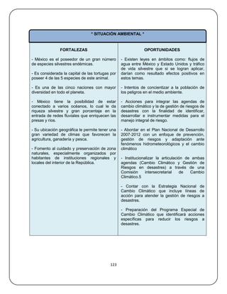 * SITUACIÓN AMBIENTAL *


               FORTALEZAS                                     OPORTUNIDADES

                                        o
- México es el poseedor de un gran número         - Existen leyes en ámbitos como: flujos de
de especies silvestres endémicas.                 agua entre México y Estado Unidos y tráfico
                                                  de vida silvestre que si se logran aplicar,
- Es considerada la capital de las tortugas por   darían como resultado efectos positivos en
poseer 4 de las 5 especies de este animal.        estos temas.
                                              o
- Es una de las cinco naciones con mayor      o   - Intentos de concientizar a la población de
diversidad en todo el planeta.                    los peligros en el medio ambiente.

- México tiene la posibilidad de estar       o    - Acciones para integrar las agendas de
conectado a varios océanos, lo cual le da         cambio climático y la de gestión de riesgos de
riqueza silvestre y gran porcentaje en la         desastres con la finalidad de identificar,
entrada de redes fluviales que enriquecen las     desarrollar e instrumentar medidas para el
presas y ríos.                                    manejo integral de riesgo.
                                             o
                                             o
- Su ubicación geográfica le permite tener una    - Abordar en el Plan Nacional de Desarrollo
gran variedad de climas que favorecen la          2007‐2012 con un enfoque de prevención,
agricultura, ganadería y pesca.                   gestión de riesgos y adaptación ante
                                                  fenómenos hidrometeorológicos y el cambio
- Fomento al cuidado y preservación de zona       climático
naturales, especialmente organizados por  o
habitantes de instituciones regionales y          - Institucionalizar la articulación de ambas
locales del interior de la República.             agendas (Cambio Climático y Gestión de
                                                  Riesgos en desastres) a través de una
                                                  Comisión      intersecretarial   de   Cambio
                                                  Climático.5

                                             o    - Contar con la Estrategia Nacional de
                                                  Cambio Climático que incluye líneas de
                                                  acción para atender la gestión de riesgos a
                                                  desastres.
                                             o
                                                  - Preparación del Programa Especial de
                                                  Cambio Climático que identificará acciones
                                                  específicas para reducir los riesgos a
                                                  desastres.
                                             o




                                           123
 