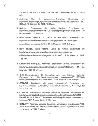 20LA%20TRATA%20DE%20PERSONAS.pdf, 19 de mayo del 2011, 10:35
pm.

Anónimo.      Plan     de     saneamiento-financiero.     Encontrado en:
http://www.elejido.org/tuayto/files/pdfs/contabilidad/PLANSANEAMIENTOEJ
IDO.pdf, 19 de mayo del 2011, 10:16 pm.

Anónimo.     Presupuesto   de  gastos   fiscales.  Encontrado   en:
http://www.shcp.gob.mx/INGRESOS/Paginas/presupuestoGastos.aspx, 19
de mayo del 2011, 9:54 pm.

Ávila Suárez, Sandra. Lo Grande del Narcotráfico. Encontrado en:
http://todosobrenarcotraficoenmexico.blogspot.com/2011/05/surgen-
paramilitares-ejecutores-de.html, 11 de Mayo del 2011, 3:34 p.m.

Bravo Rangel, María Victoria. Tráfico de Armas. Encontrado en:
http://www.amnestyusa.org/trafico-de-armas-y-entrenamiento-
militar/entrenamiento-militar/page.do?id=1021047, 15 de Mayo del 2011,
1:35 p.m.

Campusano Manríquez, Heriberto. Explorando México. Encontrado en:
http://www.explorandomexico.com.mx/about-mexico/9/170/html,        11   de
Mayo del 2011, 10: 47 p.m.

CNN Expansión.com. El desempleo, reto para México: Hacienda.
Encontrado en:     http://www.cnnexpansion.com/economia/2011/03/29/el-
desempleo-reto-para-mexico-hacienda, 14 de mayo de 2011, 7:00 pm.
CONACIT. Distribución de aguas internacional. Encontrado en:
http://www.imdosoc.org/?p=9660,formato HTML consultada, 7 de mayo del
2011, 1:34 pm.

CONACIT. Investigación reportaje, tráfico de animales. Encontrado en:
http://www.conacyt.gob.mx/comunicacion/Periodismo/Documents/ESTU,
DIANTES%20LICENCIATURA/Comercio%207ilegal%20de%20animales.pd
f, formato PDF, 7 mayo de 2011, 11:34 am.

CONACYT. Programa especial de ciencia, tecnología e investigación 2088-
2012. Encontrado en: http://www.conacyt.mx/Acerca/Paginas/default.aspx,
18 de mayo de 2011, 6:00 pm.

                                128
 