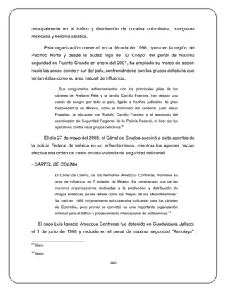 principalmente en el tráfico y distribución de cocaína colombiana, mariguana
mexicana y heroína asiática.

            Esta organización comenzó en la década de 1990, opera en la región del
Pacífico Norte y desde la audaz fuga de ―El Chapo‖ del penal de máxima
seguridad en Puente Grande en enero del 2001, ha ampliado su marco de acción
hacia las zonas centro y sur del país, confrontándose con los grupos delictivos que
tenían éstas como su área natural de influencia.

                   Sus sanguinarios enfrentamientos con los principales jefes de los
                 cárteles de Arellano Félix y la familia Carrillo Fuentes, han dejado una
                 estela de sangre por todo el país, ligado a hechos judiciales de gran
                 trascendencia en México, como el homicidio del cardenal Juan Jesús
                 Posadas, la ejecución de Rodolfo Carrillo Fuentes y el asesinato del
                 coordinador de Seguridad Regional de la Policía Federal, el líder de los
                                                             83
                 operativos contra esos grupos delictivos.

            El día 27 de mayo del 2008, el Cártel de Sinaloa asesinó a siete agentes de
la policía Federal de México en un enfrentamiento, mientras los agentes hacían
efectiva una orden de cateo en una vivienda de seguridad del cártel.

- CÁRTEL DE COLIMA

                 El Cártel de Colima, de los hermanos Amezcua Contreras, mantiene su
                 área de influencia en 7 estados de México. Es considerado una de las
                 mayores organizaciones dedicadas a la producción y distribución de
                 drogas sintéticas, se les refiere como los “Reyes de las Metanfetaminas”.
                 Se creó en 1988, originalmente sólo operaba traficando para los cárteles
                 de Colombia, pero pronto se convirtió en una importante organización
                                                                                          84
                 criminal para el tráfico y procesamiento internacional de anfetaminas.

      El capo Luis Ignacio Amezcua Contreras fue detenido en Guadalajara, Jalisco,
el 1 de junio de 1998 y recluido en el penal de máxima seguridad ―Almoloya‖,

83
     Ídem
84
     Ídem

                                                  140
 