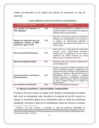 modelo de desarrollo en los países que todavía se encuentran en vías de
desarrollo.

                    * Leyes modificadas a partir de la inserción en la globalización *

     Leyes, políticas y reformas          Año                            Objetivo

Tasa general del Impuesto al              1995        Compensar parcialmente el desplome de los
Valor Agregado                                        ingresos tributarios y el incremento de pagos de
                                                      intereses sobre la deuda pública.

                                                      Pasar de un esquema de reparto con beneficios
                                                      definidos que, actuarialmente, era insolvente a
Sistema de Pensiones para los             1995        un sistema de contribuciones definidas y
trabajadores afiliados al IMSS,                       capitalizables que fueran administradas por el
entrando en vigor en 1997                             sector privado

                                                      Hacer frente a la crisis bancaria involucrando
                                                      acciones como: intervenciones bancarias,
Plan de saneamiento financiero            1997        medidas para la capitalización de los bancos,
                                                      sustitución de cartera bancaria por deuda
                                                      pública, apoyo a deudores, entre otros.

Reforma de Seguridad Social               2007        Propuesta para que el Gobierno Federal asuma
                                                      nuevas obligaciones.

                                                      Prevenir y sancionar ―la trata de personas‖, así
                                                      como la protección, atención y asistencia a las
                                                      víctimas de estas conductas con la finalidad de
                                                      garantizar el respeto al libre desarrollo de la
Ley para prevenir y sancionar la          2007        personalidad de las víctimas y posibles
trata de personas                                     víctimas, residentes o trasladadas al territorio
                                                      nacional desde el exterior. Esta Ley se aplicará
                                                      en todo el territorio nacional en materia del
                                                                      10
                                                      Fuero Federal‖.
Ley de ingresos de la federación          2008        Innovar el presupuesto empresarial.

     e) Nuevas creaciones y "oportunidades" empresariales

El avance real de los flujos de capital entre sectores empresariales de nuestro
país, tiene su antecedente más inmediato en la década de los 90´s cuando se
ingresa al movimiento global de la modernidad, pues el índice de inversiones
capitalistas, al revertir el signo de la transferencia masiva de recursos al exterior
10
    Anónimo. Ley para prevenir y sancionar la trata de personas. Disponible en:
http://www.amij.org.mx/M_asambleas/4/antecedentes/mesa%20no%20descriminacion/I.4.%20LEY
%20PARA%20PREVENIR%20Y%20SANCIONAR%20LA%20TRATA%20DE%20PERSONAS.pdf,
19 de mayo del 2011, 10:35 pm.
                                                 17
 