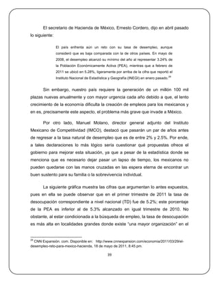 El secretario de Hacienda de México, Ernesto Cordero, dijo en abril pasado
lo siguiente:

                El país enfrenta aún un reto con su tasa de desempleo, aunque
                consideró que es baja comparada con la de otros países. En mayo de
                2008, el desempleo alcanzó su mínimo del año al representar 3.24% de
                la Población Económicamente Activa (PEA), mientras que a febrero de
                2011 se ubicó en 5.28%, ligeramente por arriba de la cifra que reportó el
                                                                                         29
                Instituto Nacional de Estadística y Geografía (INEGI) en enero pasado.


       Sin embargo, nuestro país requiere la generación de un millón 100 mil
plazas nuevas anualmente y con mayor urgencia cada año debido a que, el lento
crecimiento de la economía dificulta la creación de empleos para los mexicanos y
en es, precisamente este aspecto, el problema más grave que invade a México.

       Por otro lado, Manuel Molano, director general adjunto del Instituto
Mexicano de Competitividad (IMCO), destacó que pasarán un par de años antes
de regresar a la tasa natural de desempleo que es de entre 2% y 2.5%. Por ende,
a tales declaraciones lo más lógico sería cuestionar qué propuestas ofrece el
gobierno para mejorar esta situación, ya que a pesar de la estadística donde se
menciona que es necesario dejar pasar un lapso de tiempo, los mexicanos no
pueden quedarse con las manos cruzadas en las espera eterna de encontrar un
buen sustento para su familia o la sobrevivencia individual.

       La siguiente gráfica muestra las cifras que argumentan lo antes expuestos,
pues en ella se puede observar que en el primer trimestre de 2011 la tasa de
desocupación correspondiente a nivel nacional (TD) fue de 5.2%; este porcentaje
de la PEA es inferior al de 5.3% alcanzado en igual trimestre de 2010. No
obstante, al estar condicionada a la búsqueda de empleo, la tasa de desocupación
es más alta en localidades grandes donde existe ―una mayor organización‖ en el


29
  CNN Expansión. com. Disponible en: http://www.cnnexpansion.com/economia/2011/03/29/el-
desempleo-reto-para-mexico-hacienda, 18 de mayo de 2011, 8:45 pm.

                                                39
 