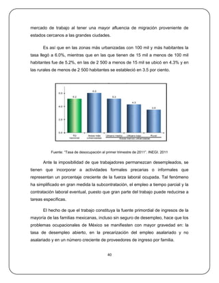 mercado de trabajo al tener una mayor afluencia de migración proveniente de
estados cercanos a las grandes ciudades.

      Es así que en las zonas más urbanizadas con 100 mil y más habitantes la
tasa llegó a 6.0%, mientras que en las que tienen de 15 mil a menos de 100 mil
habitantes fue de 5.2%, en las de 2 500 a menos de 15 mil se ubicó en 4.3% y en
las rurales de menos de 2 500 habitantes se estableció en 3.5 por ciento.




          Fuente: ―Tasa de desocupación al primer trimestre de 2011‖. INEGI. 2011

      Ante la imposibilidad de que trabajadores permanezcan desempleados, se
tienen que incorporar a actividades formales precarias o informales que
representan un porcentaje creciente de la fuerza laboral ocupada. Tal fenómeno
ha simplificado en gran medida la subcontratación, el empleo a tiempo parcial y la
contratación laboral eventual, puesto que gran parte del trabajo puede reducirse a
tareas específicas.

      El hecho de que el trabajo constituya la fuente primordial de ingresos de la
mayoría de las familias mexicanas, incluso sin seguro de desempleo, hace que los
problemas ocupacionales de México se manifiesten con mayor gravedad en: la
tasa de desempleo abierto, en la precarización del empleo asalariado y no
asalariado y en un número creciente de proveedores de ingreso por familia.


                                            40
 