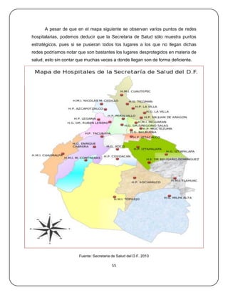 A pesar de que en el mapa siguiente se observan varios puntos de redes
hospitalarias, podemos deducir que la Secretaria de Salud sólo muestra puntos
estratégicos, pues si se pusieran todos los lugares a los que no llegan dichas
redes podríamos notar que son bastantes los lugares desprotegidos en materia de
salud, esto sin contar que muchas veces a donde llegan son de forma deficiente.




                       Fuente: Secretaria de Salud del D.F. 2010

                                          55
 