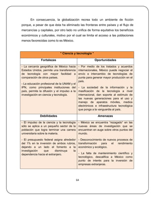 En consecuencia, la globalización recrea todo un ambiente de ficción
porque, a pesar de que ésta ha eliminado las fronteras entre países y el flujo de
mercancías y capitales, por otro lado no unifica de forma equitativa los beneficios
económicos y culturales, motivo por el cual se limita el acceso a las poblaciones
menos favorecidas como lo es México.



                              * Ciencia y tecnología *

               Fortalezas                                 Oportunidades

- La cercanía geográfica de México hacia      - Por medio de los tratados y acuerdos
Estados Unidos, permite una transferencia     internacionales, México puede negociar el
de tecnología con mayor facilidad a           envío e intercambio de tecnologías de
comparación de otros países.                  punta para generar mayor producción en el
                                              país.
- La educación profesional de la UNAM y el
IPN, como principales instituciones del - La sociedad de la información y la
país, permite la difusión y el impulso a la masificación de la tecnología a nivel
investigación en ciencia y tecnología.      internacional, dan soporte al estímulo de
                                            las nuevas generaciones para el uso y
                                            manejo de aparatos móviles, medios
                                            electrónicos e infraestructura tecnológica
                                            que ponga a la vanguardia al país.

              Debilidades                                   Amenazas

- El impulso de la ciencia y la tecnología    - México se encuentra ―rezagado‖ en las
sólo se aplica a un pequeño sector de la      nuevas áreas de investigación que se
población que logra terminar una carrera      encuentran en auge sobre otros puntos del
universitaria sobre la materia.               mundo.

- El presupuesto federal asigna alrededor     - Desconocimiento de nuevos procesos de
del 1% en la inversión de ambos rubros,       transformación   para   el   rendimiento
dejando a un lado el fomento a la             económico y ecológico.
investigación    que      disminuya    la
dependencia hacia el extranjero.              - La falta de mantenimiento científico y
                                              tecnológico, descalifica a México como
                                              punto de interés para la inversión de
                                              empresas extranjeras.




                                             64
 