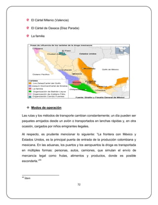 El Cártel Milenio (Valencia)

            El Cártel de Oaxaca (Díaz Parada)

            La familia




       Modos de operación

Las rutas y los métodos de transporte cambian constantemente; un día pueden ser
paquetes arrojados desde un avión o transportados en lanchas rápidas y, en otra
ocasión, cargados por niños emigrantes ilegales.

Al respecto, es prudente mencionar lo siguiente: ―La frontera con México y
Estados Unidos, es la principal puerta de entrada de la producción colombiana y
mexicana. En las aduanas, los puertos y los aeropuertos la droga es transportada
en múltiples formas: personas, autos, camiones, que simulan el envío de
mercancía legal como frutas, alimentos y productos, donde es posible
esconderla.‖44




44
     Ídem

                                           72
 