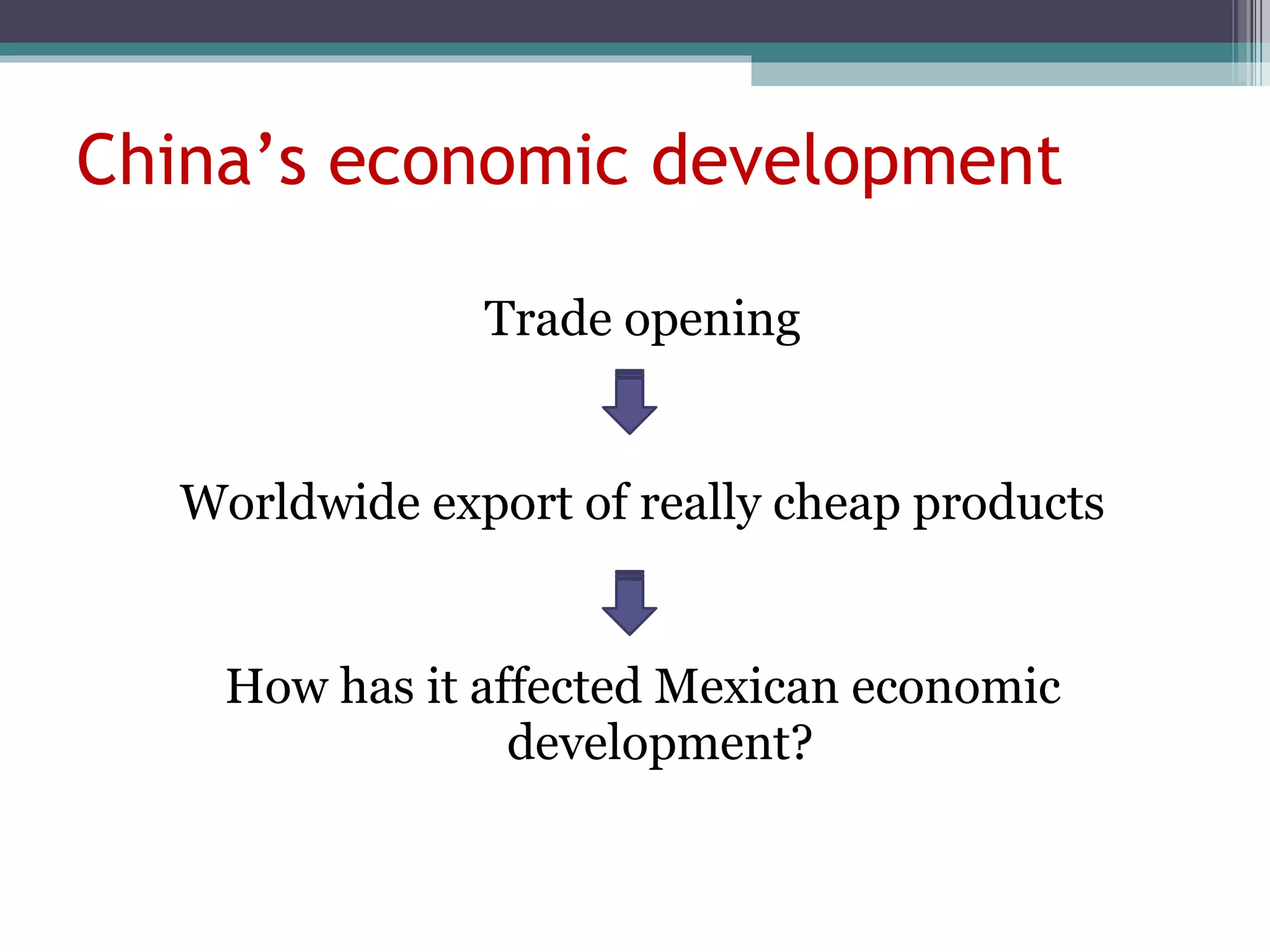 China’s economic development Trade opening Worldwide export of really cheap products How has it affected Mexican economic development? 
