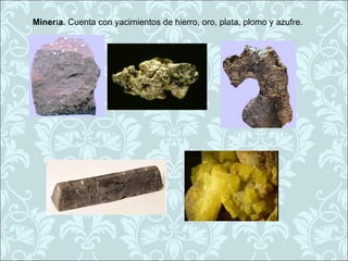 Minería. Cuenta con yacimientos de hierro, oro, plata, plomo y azufre.
 