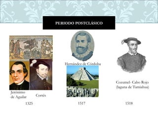 PERIODO POSTCLÁSICO




                            Hernández de Córdoba



                                                   Cozumel- Cabo Rojo
                                                   (laguna de Tamiahua)
Jerónimo
de Aguilar      Cortés

         1325                      1517                 1518
 